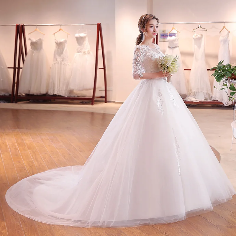 

2018 Ball Gown 3/4 Sleeves Elegant Bridal Dresses Lace Flower decorate Princess Royal Train Wedding Gown, White wedding gown