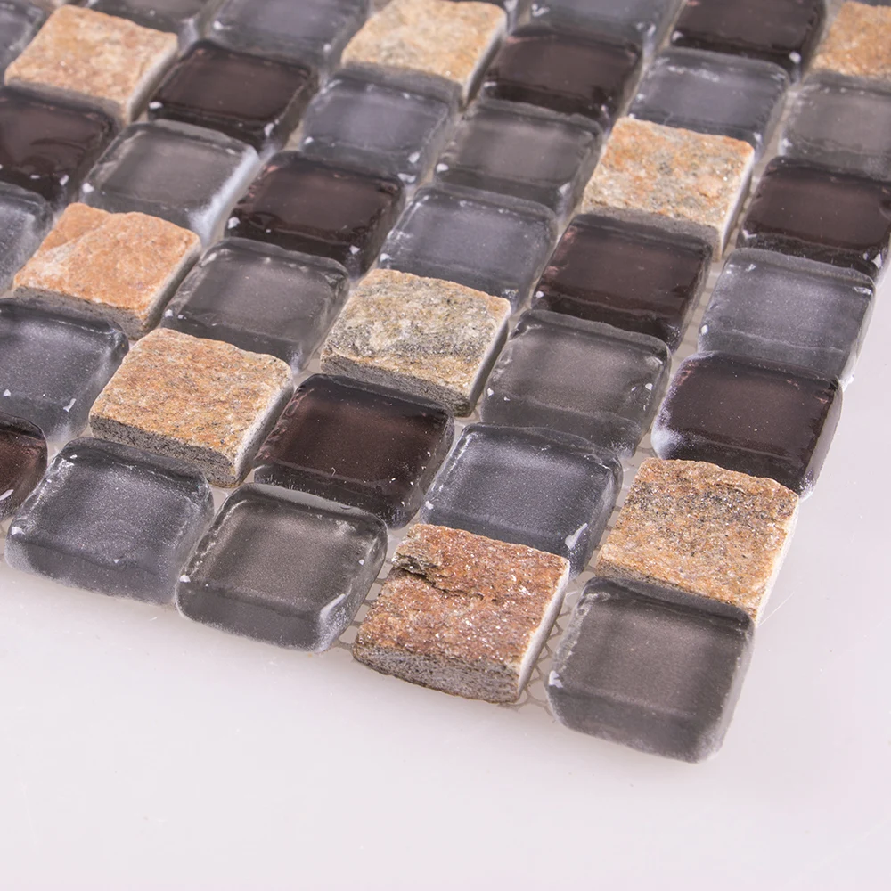 Polished mixed color square glass and stone granite tile wall decorative