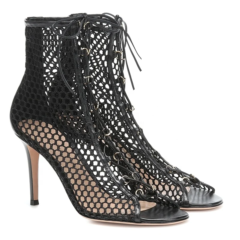 Latest High Heel Black Fishnet Ankle Boots Womens Heeled Open Toe ...