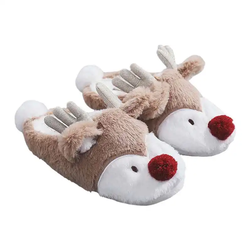 

2020 Unisex Plush Warm Slippers Christmas Cute Elk Slippers Winter Indoor Slippers, Borwn