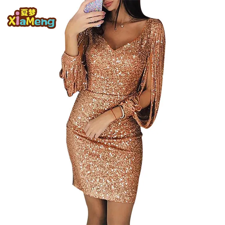 

2019 western style v-neck paillette women clothing dress, Pink red gray black golden yellow mint