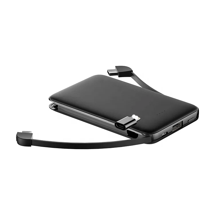 

Cheap Price high quality Ultra Thin Custom Powerbank 5000 mah Power bank with Built in Dual Cable for all 5V devices
