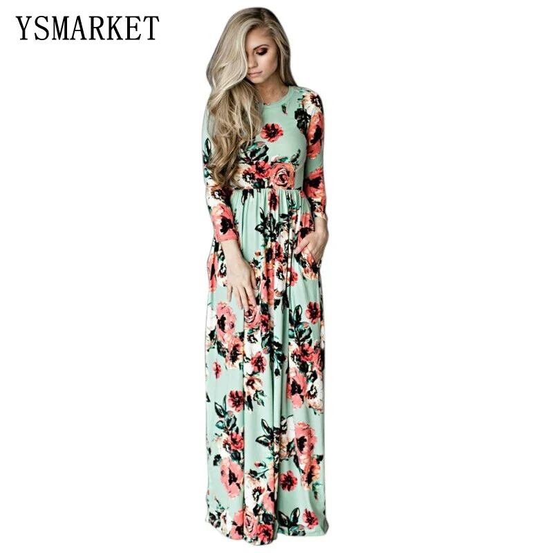 

Summer Long Sleeved Ankle Dress Floral Printing Bohemia Style Women Long Evening Party Dress Oversized Robe Longue Femme