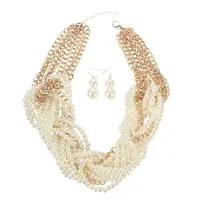 

Women's Simulated Faux Pearl Gold Chain Twist Strand Statement Necklace and Earrings Set Chunky Jewelry