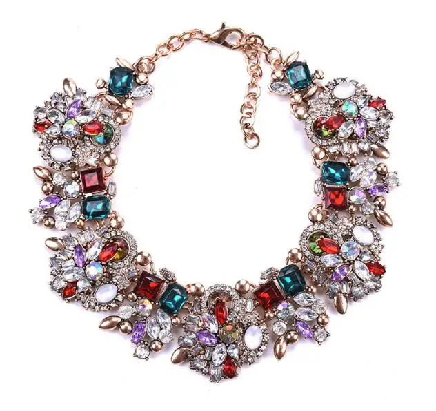 

2018032614 Vintage Gold Tone Chain Multi-Color Glass Crystal Collar Choker Statement Bib Necklace