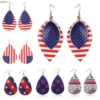 

New Arrival 2019 Fashion American Flag Teardrop Leaf Charm Faux Leather Sport Dangle Earrings for Women Independence Day Gifts