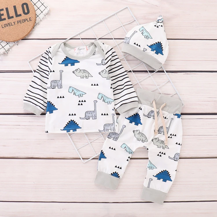 

2019 Spring Baby Clothes Sets Cartoon Printed 3PCS Toddler Clothes Set With Cap, White