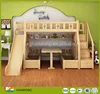 Kids table seat underneath loft stairway bunk bed with slide