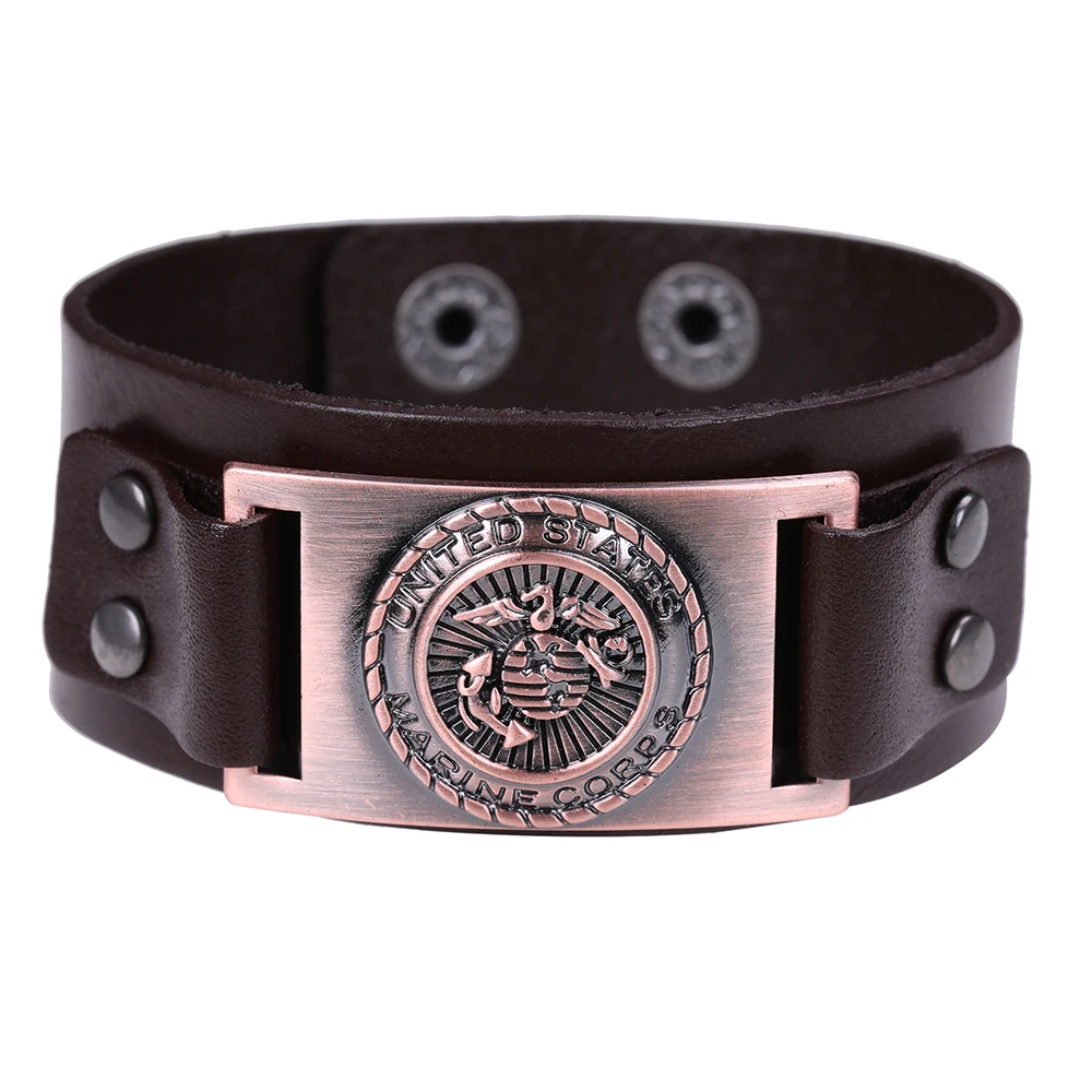 

Dropshipping Black and Brown Genuine Leather Men's Bracelet Bangle Copper Bronze Silver United States Marine Corps Men Jewelry