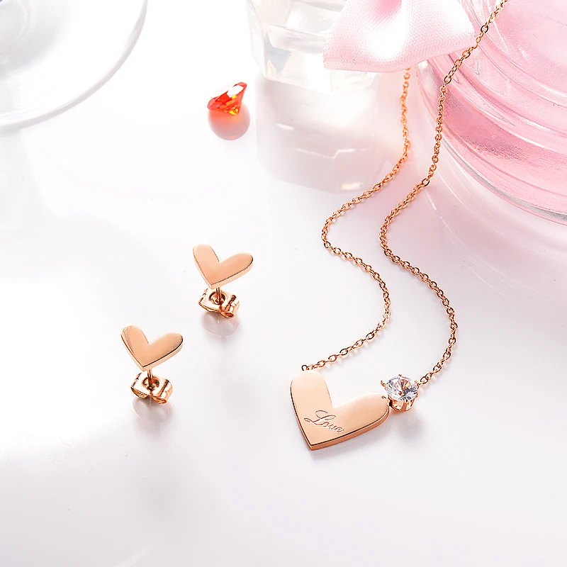 

BAOYAN Rose Gold Plated Love Heart Stainless Steel Bridal Jewelry Set with Cubic Zirconia
