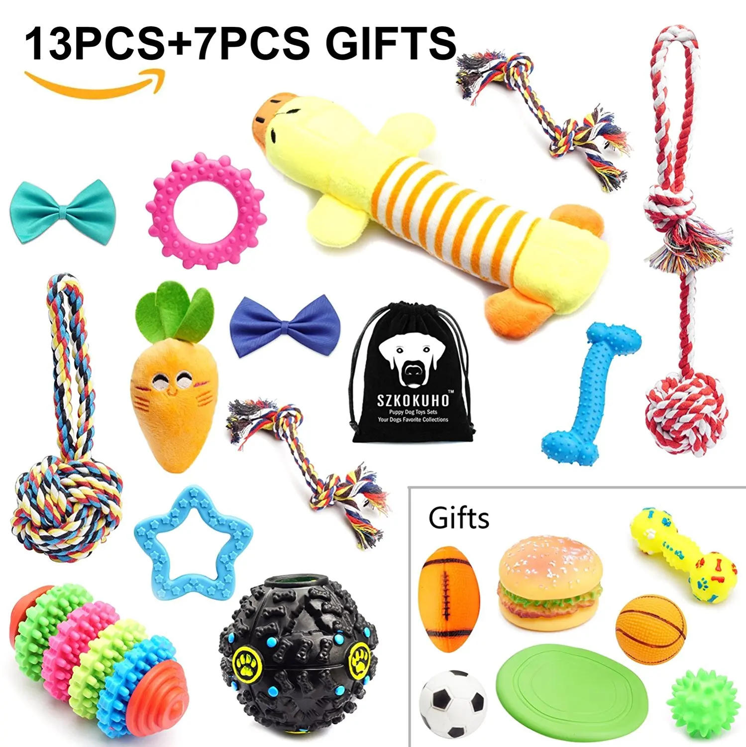 SZKOKUHO 10-20 Pack Puppy Dog Chew Toys Set Dog Accessories —Plush Toys,Dog Ropes,Squeaky Toys,Puppy Chew Toys,Dog Balls,Dog Bone Toy,Dog Flying Discs,Dog Bow Tie,For Small to Some Medium Dogs