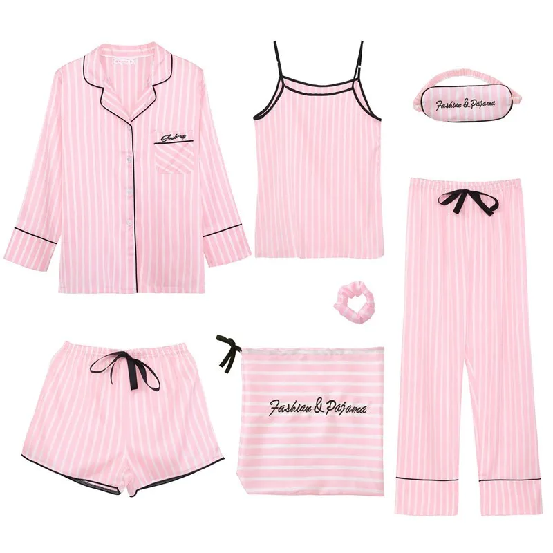

Tryme Pink Women's 7 Pieces Pajamas Sets Emulation Silk Striped Pajamas Women Sleepwear Sets Spring Summer Autumn Homewear, N/a