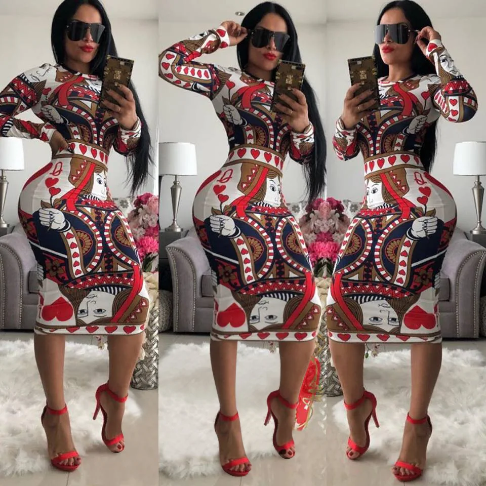 

YQ458 Wholesale Women long sleeve bodycon floral pattern sheath midi casual bandage dresses, As shown