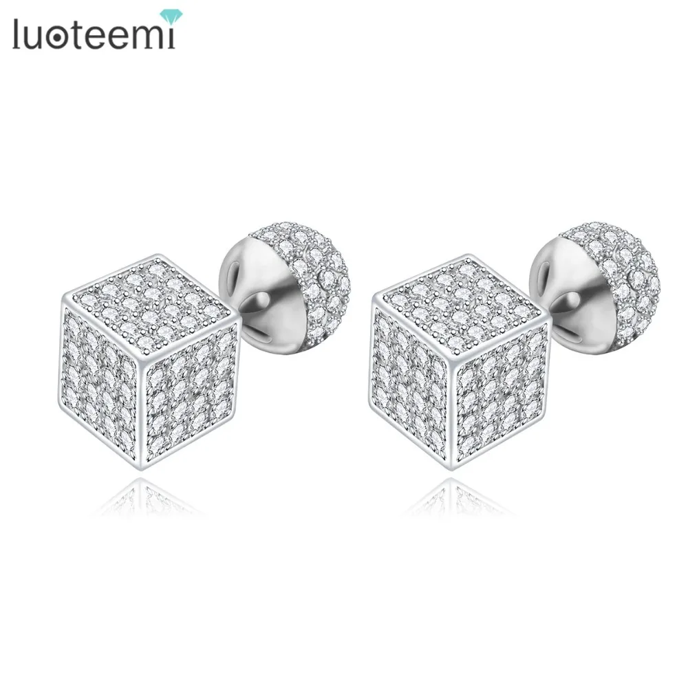 

LUOTEEMI Trendy Brass Jewelry Sparkling Cubic Zirconia Ball and Cube Beads Double Side Stud Earrings