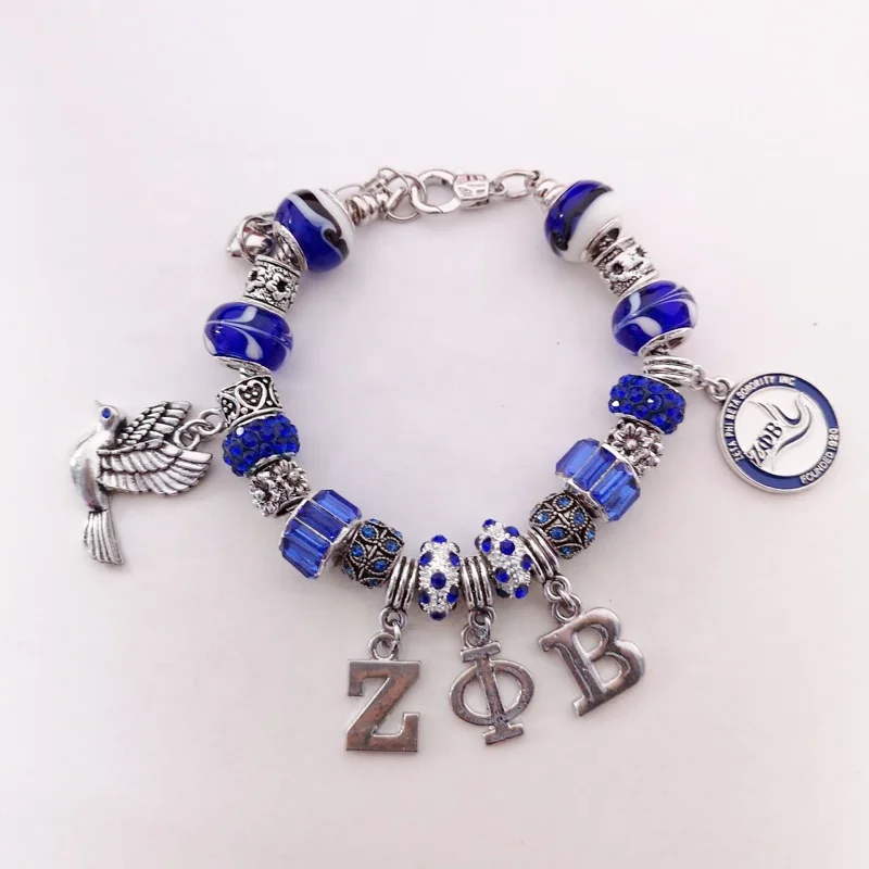 

ZPB Sorority European Style Charm Bracelet Zeta Phi Beta Jewelry with Extend Chain and Lamp Work Glass beads, Picture
