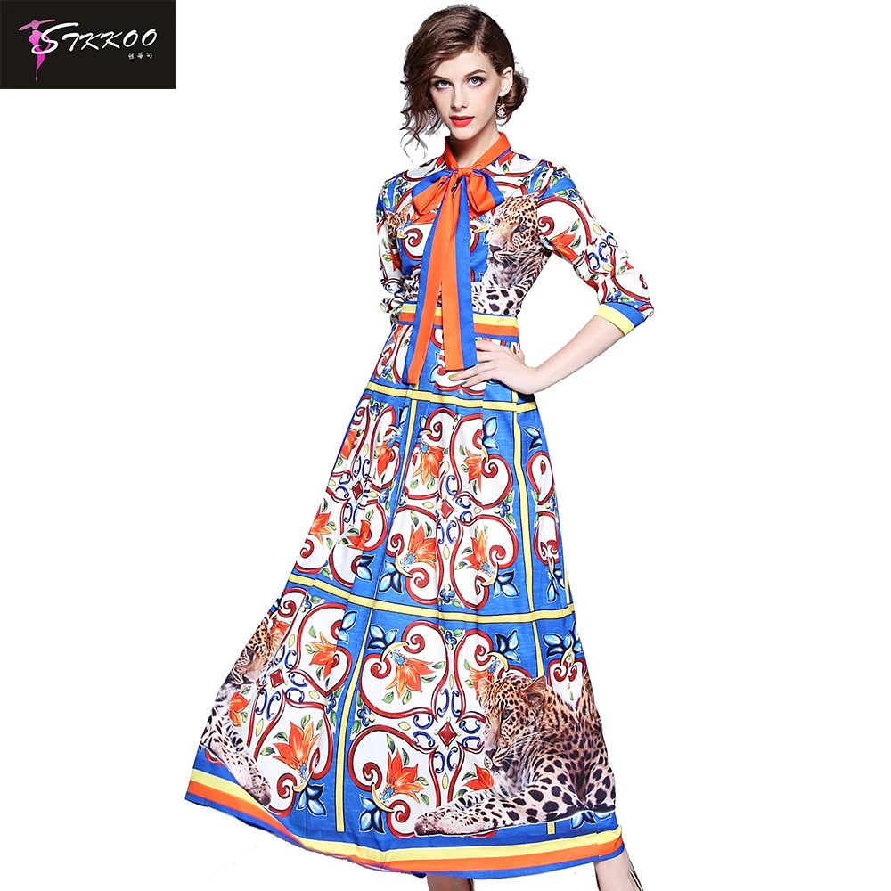 New Tie Neck Retro Flower Print Maxi Dress