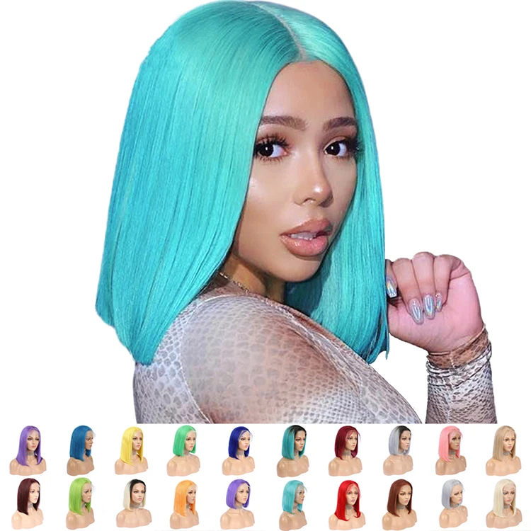 

Wholesale Brazilian Virgin Hair Teal Blue Short Bob Lace Front Wig 100% Human Hair Wigs With Baby Hair, 613 honey blonde purple green yellow any color