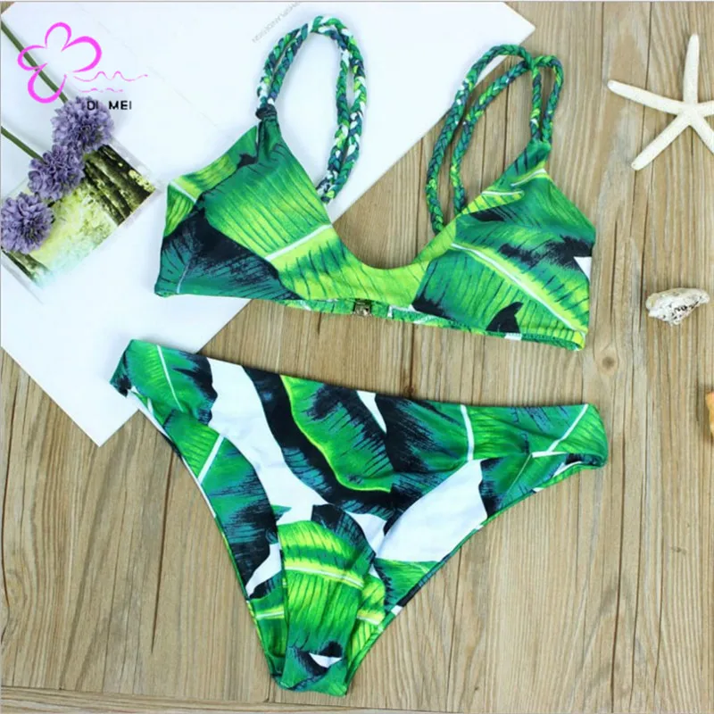 

Leaves tropical style sexy girl bikini swimsuit, Green