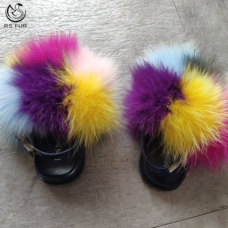 
Custom logo soft children baby fur slipper sandals fox fur slides for women and kids 