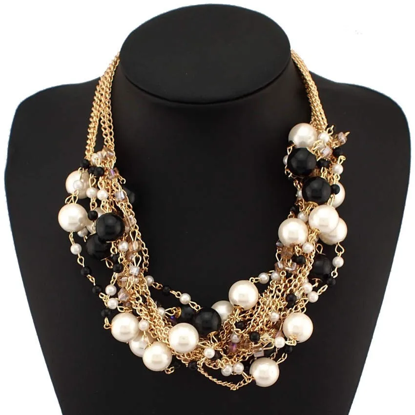 HANSIDON Fashion MultiLayers Chain Collars Cross Pearls Rhinestone Beads Choker Statement Necklaces Women Bijouterie, Black&white,white