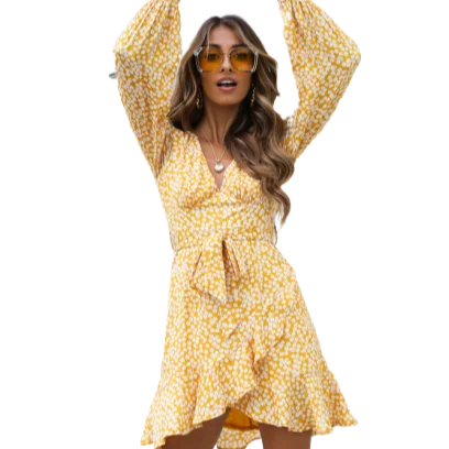 

2019 New autumn rayon floral printed v-neck long-sleeve flounces women dress
