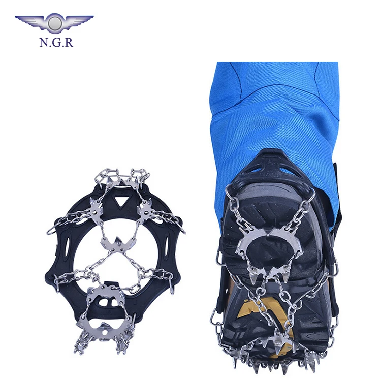 

Wholesale 19 teeth Antislip ice snow Crampons for shoes with stainless steel chain, Black or customized