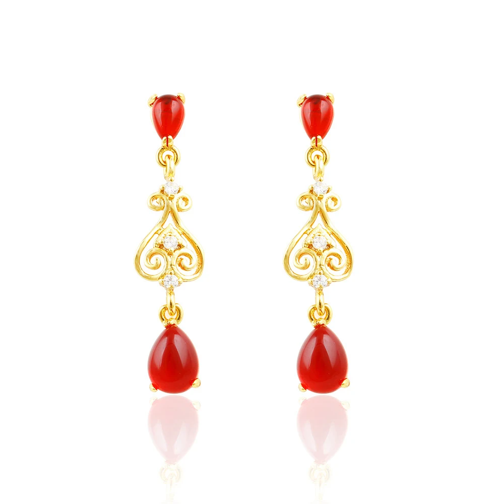 eurasia Handmade Ruby Black Onyx Red Zircon Gemstone Yellow Gold Plated Earrings
