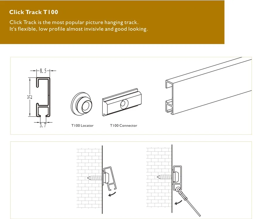 White Ceiling Mounted Rail System Aluminum Picture Hanging System T100
