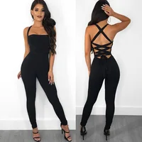 

Women Skinny Bandage Lace Up Backless Halter Jumpsuit Casual Rompers Sexy Sleeveless Party Club Bodycon Long Romper Trousers