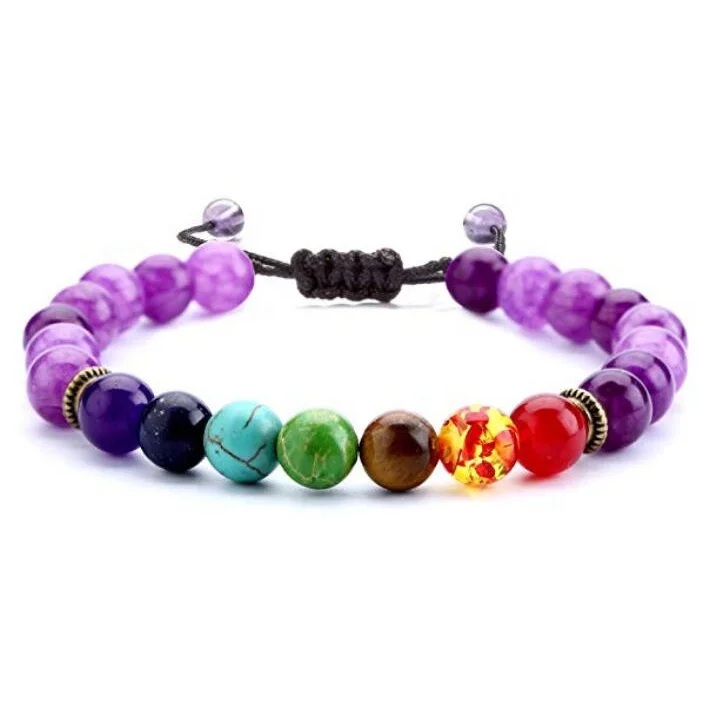 

Fashion Amethyst Crystal Jewelry Reiki Healing Balancing Round Amethyst Beads 7 Chakra Stone Bracelet