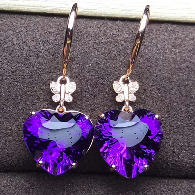 

heart purple crystal gemstone eardrop jewelry 18k gold South Africa diamond 9.85ct natural amethyst pendant Earring