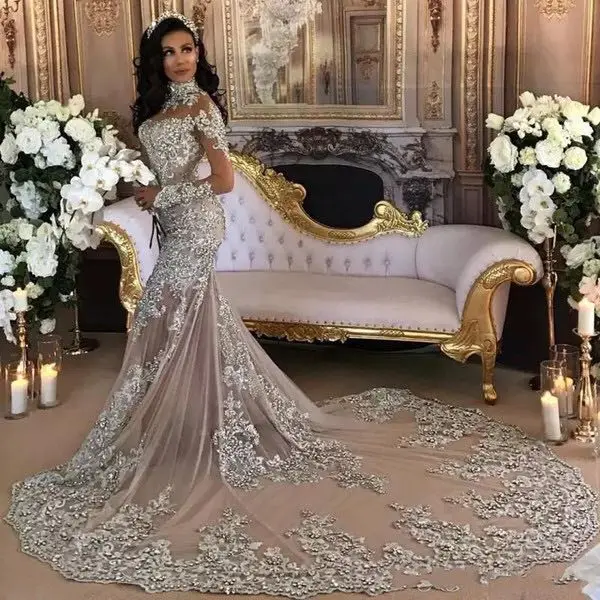 

Sparkling Lace Bridal Gown Long Sleeves Crystal Luxury Mermaid Wedding Dress 2021 Vestido de novia Robe de mariage