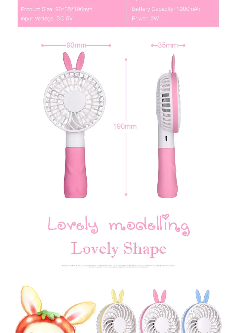Portable 2 in 1 usb mini fan Motor Better for baby cute rabbit ears handheld mini fan rechargeble battery