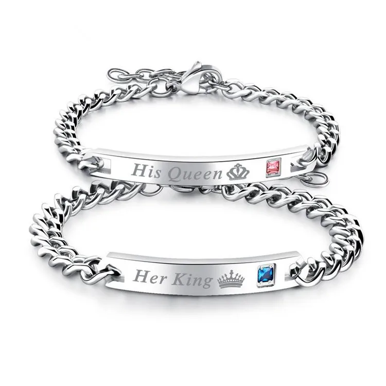 

2019 Personalized Valentines Gift Her King His Queen Stainless Steel Couples Bracelet Jewelry, Silver