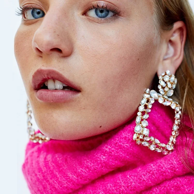 Women Trendy Big Rectangle Diamond Drop Earring Geometric Square Hoop Earrings