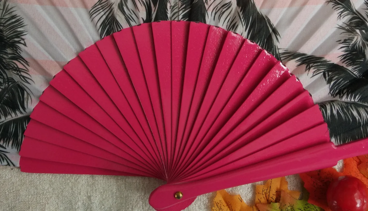 Pink Double Sided Wooden Spanish Floral Print Hand Folding Fan Party Gift 