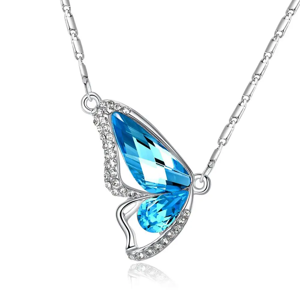 

Buy 10 Get 1 Free,8 Color Available,Sterling Silver Plated Hollow White Rhinestone Blue Crystal Butterfly Pendant Necklace, As picture