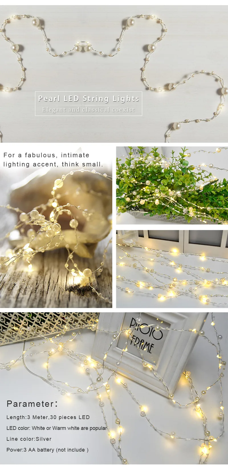 30 Pearl Beads Led Warm White String Fairy Lights christmas Wedding