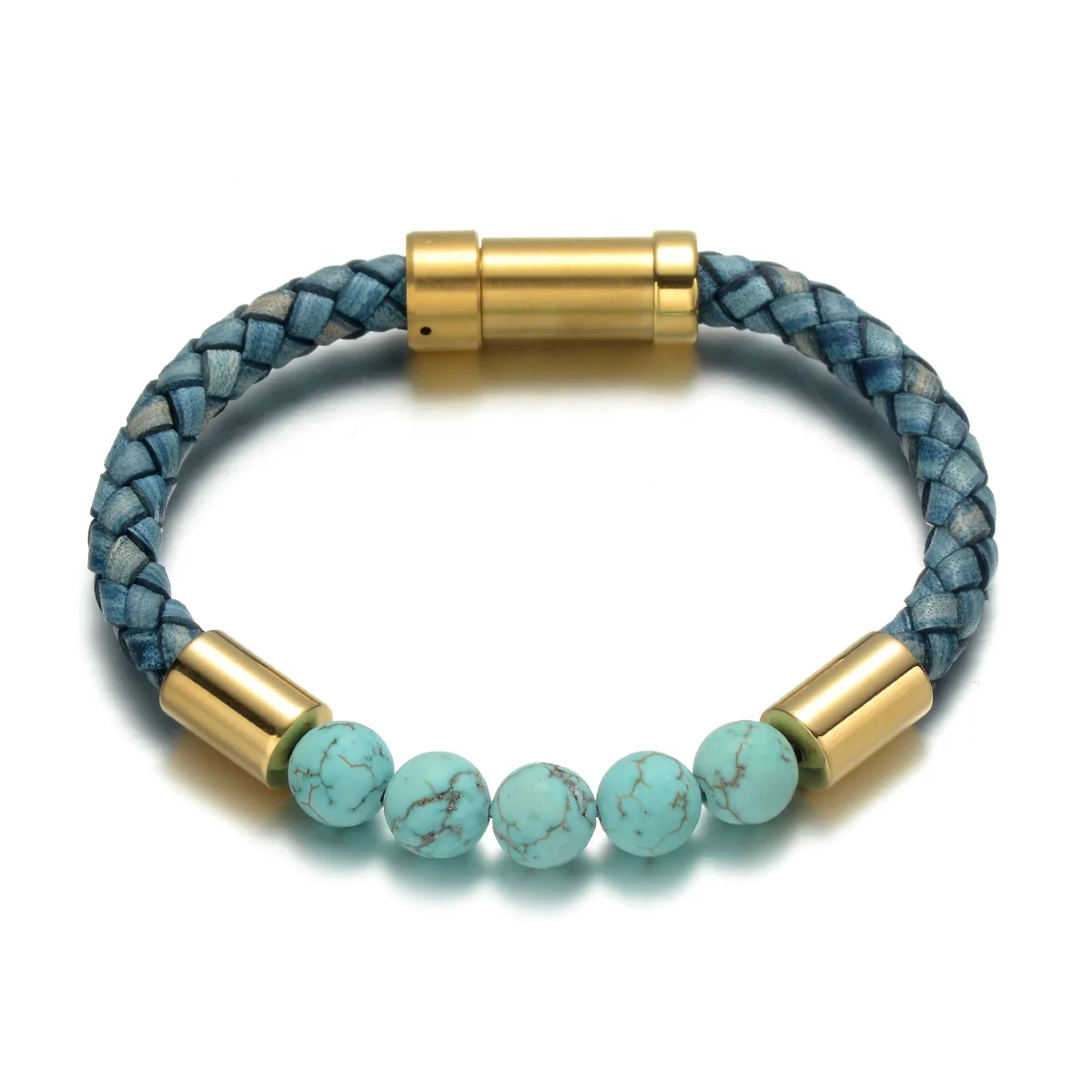 

REAMOR 2021 New Blue-veins Natural Turquoise Stone Bracelet Bangle Braided Leather 8mm Beaded Bracelet with Clasp Gold Plating