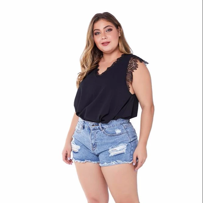 

Summer casual washed high waist plus size frayed ripped short straight denim woman jeans