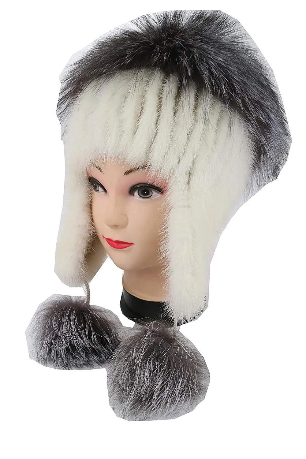 Ysting Real Knit Mink Fur Hat Silver Fox Fur Pom Ear Protection Cap Fur Beanie