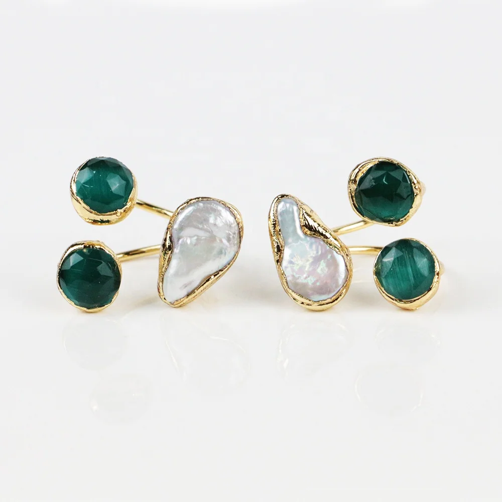 LS-S683 Natural jade stone rings for women,adjustable rings pearl stone 10mm with 24k real gold plated
