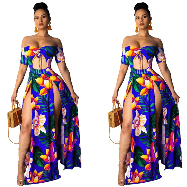 

Explosion summer print tube top sexy women's split short-sleeved maxi dress LYQ3184