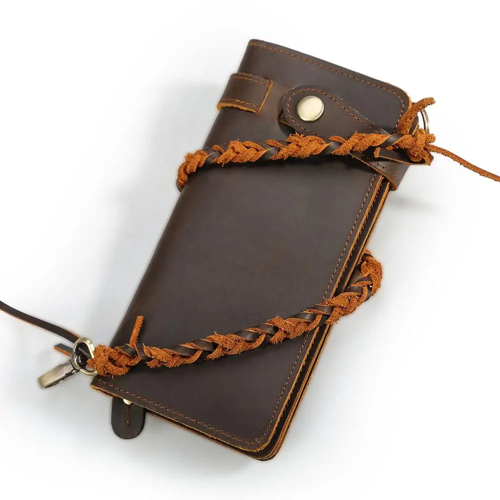 

Tiding Newest RFID Blocking Bike Wallet Mens Cow Leather Long Wallet With Chain, Brown