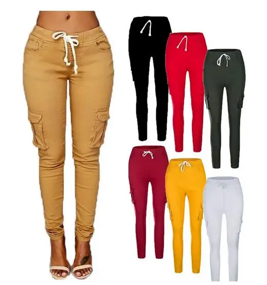 

WIIPU Women Long Drawstring Multi Pocket Fashion Casual Trousers