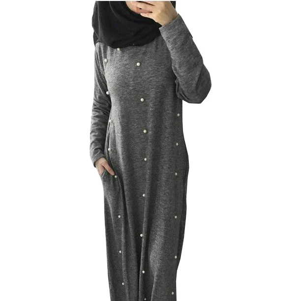 

New Arrival gray thick cotton pearl long sleeve sports abaya muslim maxi dress, Light gray;dark gray