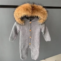 

Wholesale Kids Winter Romper Boys Girls Knitted Jumpsuit Real Fur Collar Infant Baby Knitted Romper