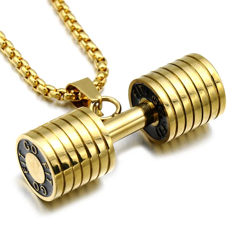 

High Polished Men Punk 316L Titanium Stainless Steel Sport Gold Dumbbell Shape Pendant Jewelry chain Necklace