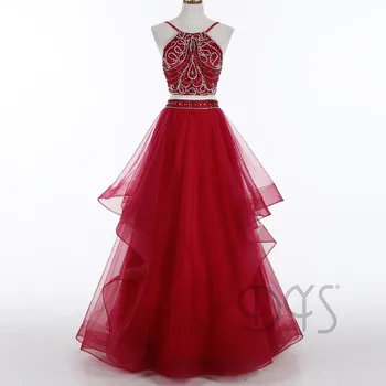 Stunning 2 Piece Puffy Thin Strap Heavily Beaded Designer Dark Red