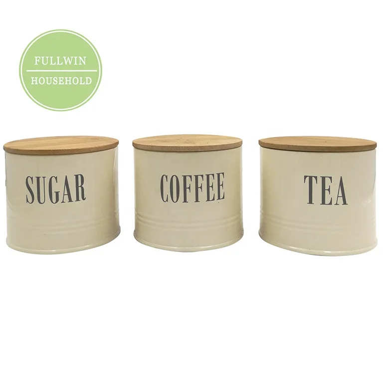 

Galvanized metal set of 3 coffee tea sugar canister food storage bin container jar crock with bamboo wood lid ridge on body, White